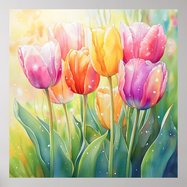 Blühender Wasserfarbener Frühlingsgarten Poster (Vorne)