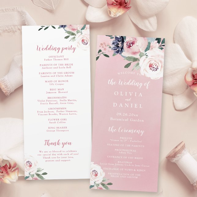 Blühendes botanisches Hochzeitsprogramm in Rosa Menükarte (Blooming botanical pink floral wedding program)