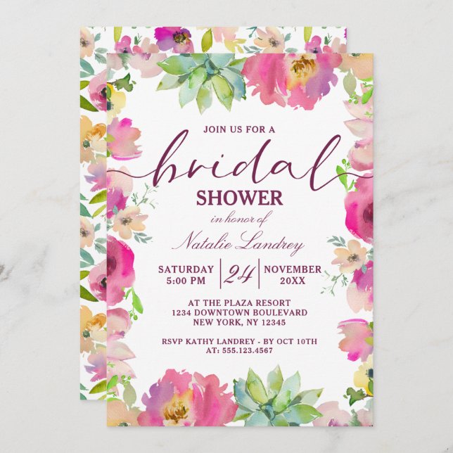Blühendes Chic Pink Blues Hochzeitsfest Brautparty Einladung (Vorne/Hinten)