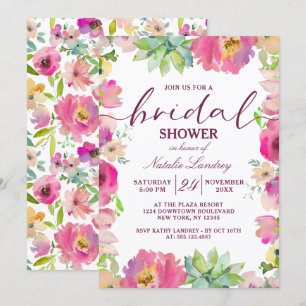 Blühendes Chic Pink Blues Hochzeitsfest Brautparty Einladung