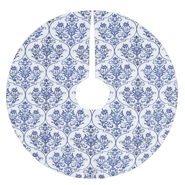 Blühendes Damastmuster - blau Polyester Weihnachtsbaumdecke (Vorderseite)