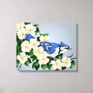 Blühendes Dogwood mit Blue Jay Bird Leinwanddruck