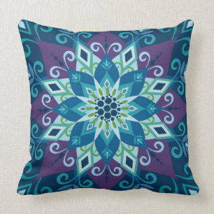 Blühendes Mandala-Blau-Großes Skala-Wurf Kissen