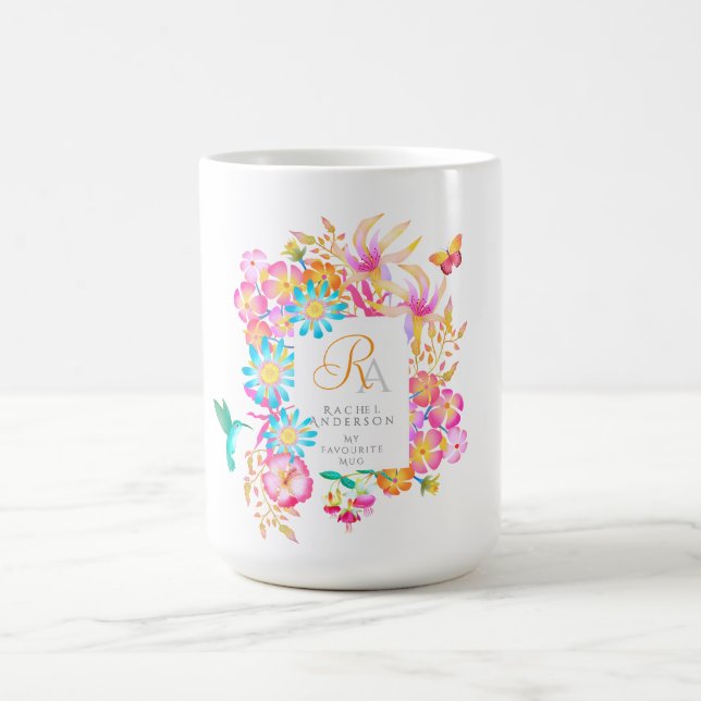 Blühendes mystisches florales Monogramm weiß Kaffeetasse (Mittel)
