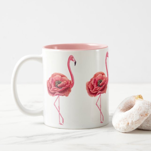 Blühendes rosa Flamingo-Geschenk Zweifarbige Tasse (Mit Donut)