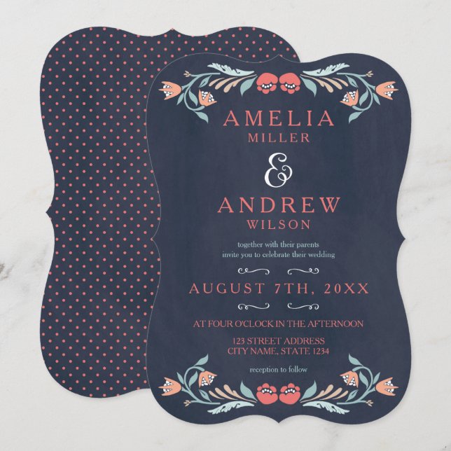 Bluish Chalkboard Elegante Blumenhochzeit Einladung (Vorne/Hinten)