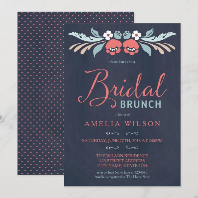 Bluish Chalkboard Floral Bridal Brunch Einladung (Vorne/Hinten)