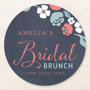 Bluish Chalkboard Floral Bridal Brunch Round Runder Pappuntersetzer