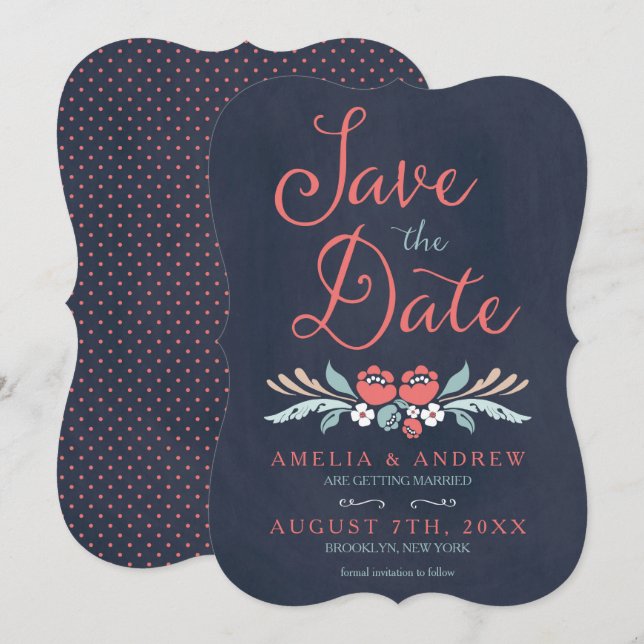 Bluish Chalkboard Floral Save the Date Card Einladung (Vorne/Hinten)