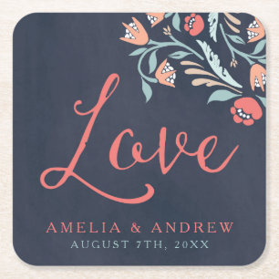 Bluish Chalkboard Floral Wedding Liebe Rechteckiger Pappuntersetzer