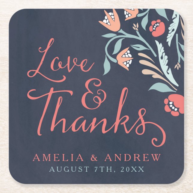 Bluish Chalkboard Floral Wedding Liebe und Dank Rechteckiger Pappuntersetzer (Vorderseite)