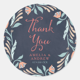 Bluish Chalkboard Floral Wedding Vielen Dank Runder Aufkleber