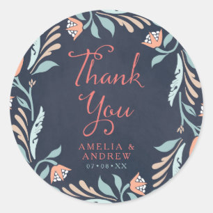 Bluish Chalkboard Floral Wedding Vielen Dank Runder Aufkleber