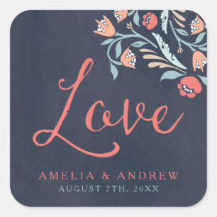 Bluish Chalkboard Liebe Hochzeit Quadratischer Aufkleber