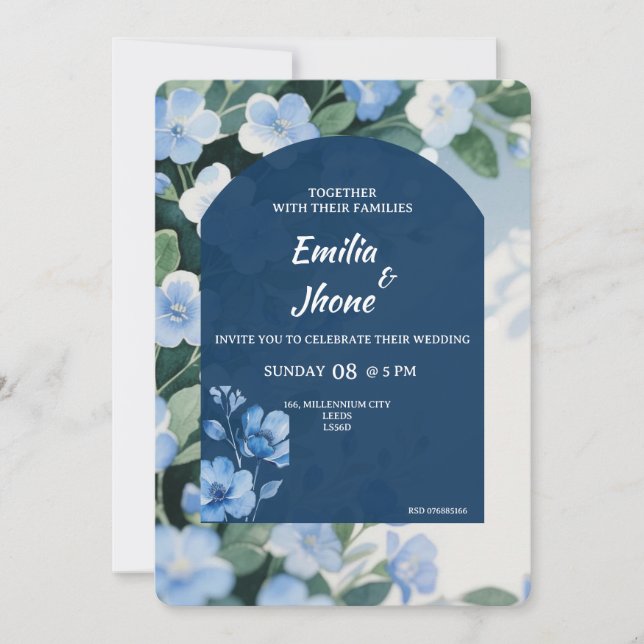 Bluish Floral Romantic Wedding Card Einladung (Vorderseite)