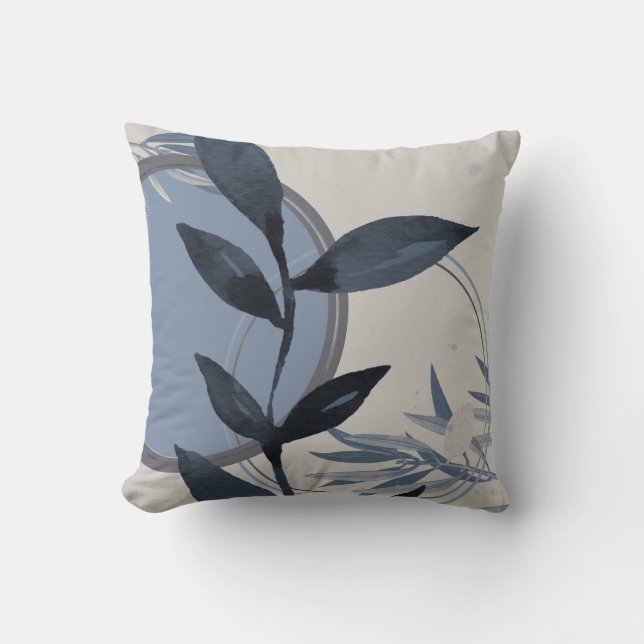 Bluish Gray Abstrakt Watercolor Leaf Kissen (Vorderseite)