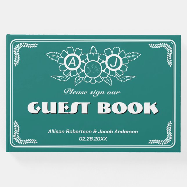 Bluish Green & White Wedding Guest Book Gästebuch (Vorderseite)