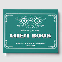 Bluish Green & White Wedding Guest Book