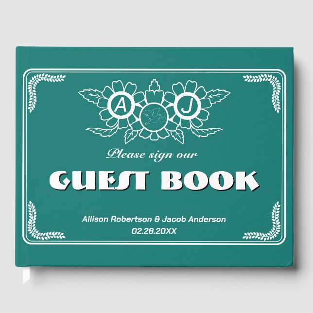 Bluish Green & White Wedding Guest Book Gästebuch (Vorderseite)
