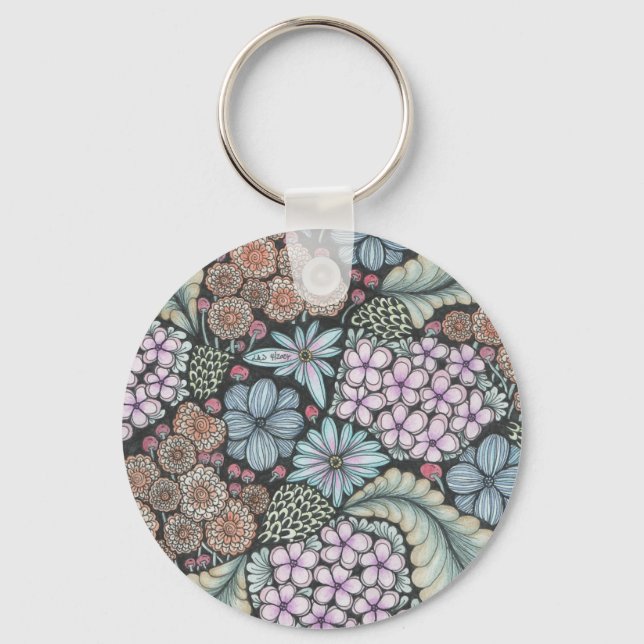 Blume1 und Schmetterling Doodle Art Keyring. Schlüsselanhänger (Vorderseite)