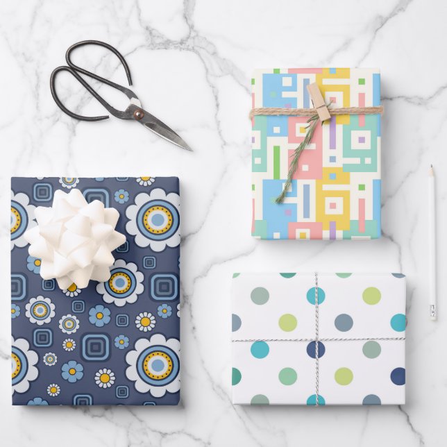 Blume, Abstrakte und Polka-Punkte Geschenkpapier Set (Vorderseite)