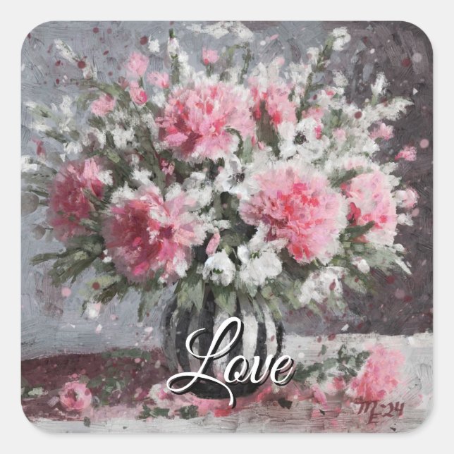 Blume Anordnung Rosa Narben Blume in Vase Quadratischer Aufkleber (Vorderseite)