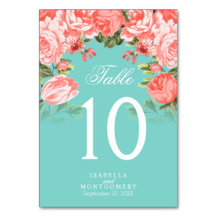 Blume aquamarin und Korallen   Tabellenkarten Tischnummer