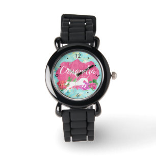 Blume Aquarell Einhorn Rosa Blauer Mädchenname Armbanduhr