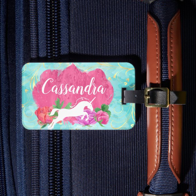Blume Aquarell Einhorn Rosa Blauer Mädchenname Gepäckanhänger (Vorderseite Insitu 4)