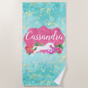 Blume Aquarell Einhorn Rosa Blauer Mädchenname Strandtuch
