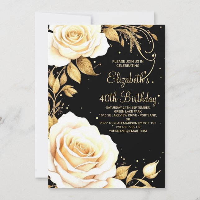 Blume Aquarell Gold Elegant 40. Geburtstag Einladung (Vorderseite)