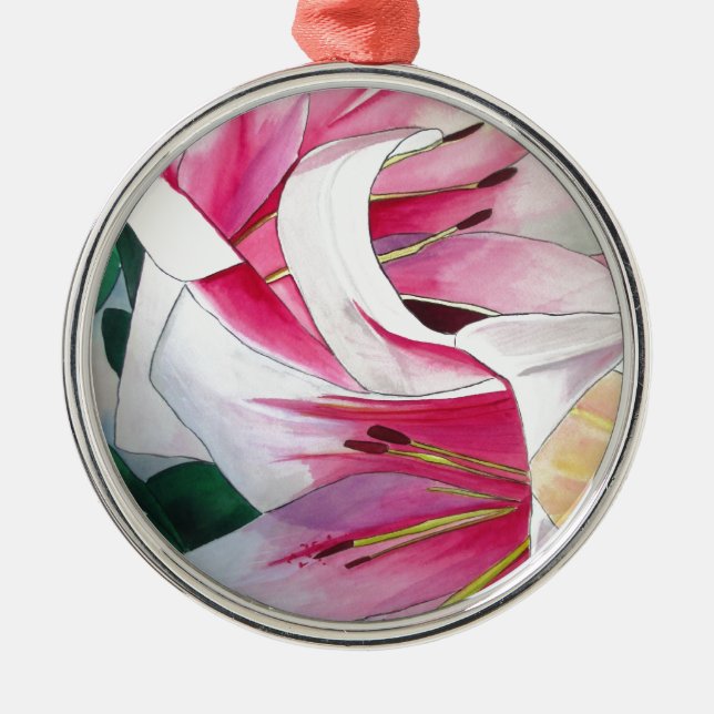 Blume Aquarell Originale Kunst in Weiß und Rosa Ornament Aus Metall (Vorne)