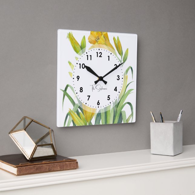 Blume Aquarellgelbe Lilien Quadratische Wanduhr (Büro)