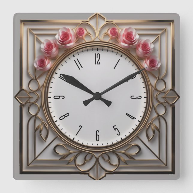 Blume Art Deco Quadratische Wanduhr (Vorderseite)