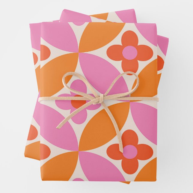 Blume auf rosa orangefarbenen Kreisen des Mittelze Geschenkpapier Set (Beispiel)