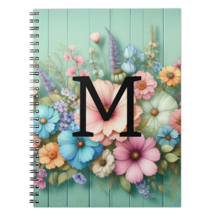 Blume aus aquamarinem Holz in Monogramm Notizblock