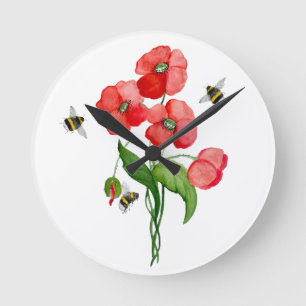 Blume aus Aquarelltuch und niedliche Hummel Runde Wanduhr