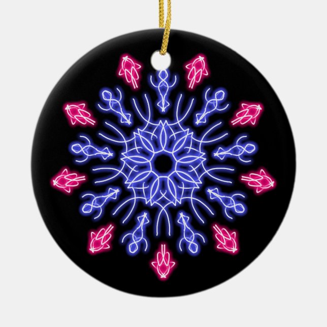 Blume aus blauem und rotem Neon Keramik Ornament (Vorne)