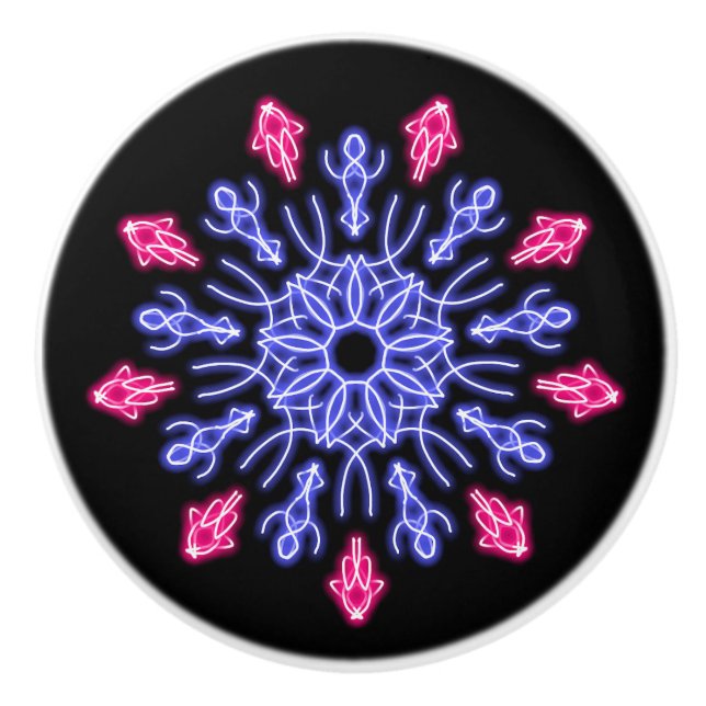 Blume aus blauem und rotem Neon Keramikknauf (Vorderseite)