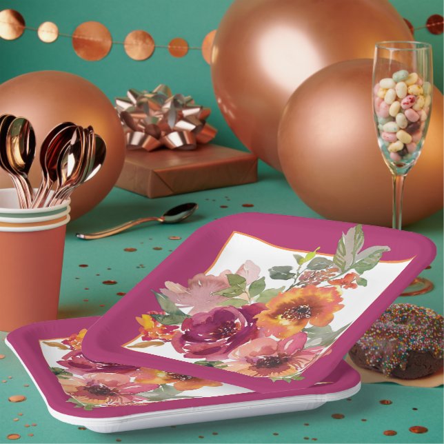 Blume aus Burgund und Orangen Pappteller (Multi)