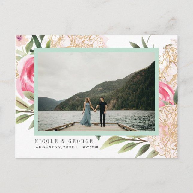 Blume aus Erdholz Foto WEDD SPEICHERN DAS DATUM Ankündigungspostkarte (Vorderseite)