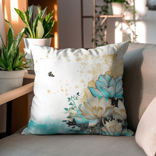 Blume aus Gold und Aquamarinen Wasserfarben des mi Kissen