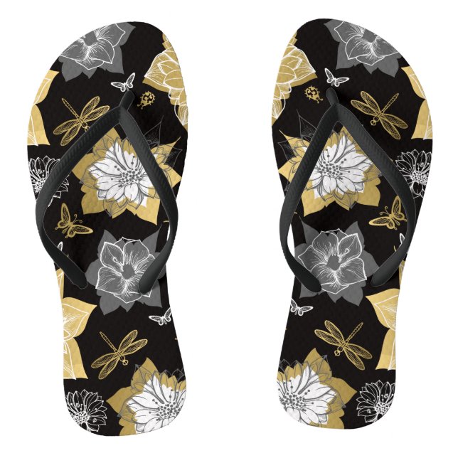 Blume aus Gold und Grau Flip Flops (Fußbett)