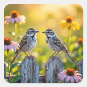 Blume aus Kon und Spange durch einen Holzzaun Quadratischer Aufkleber