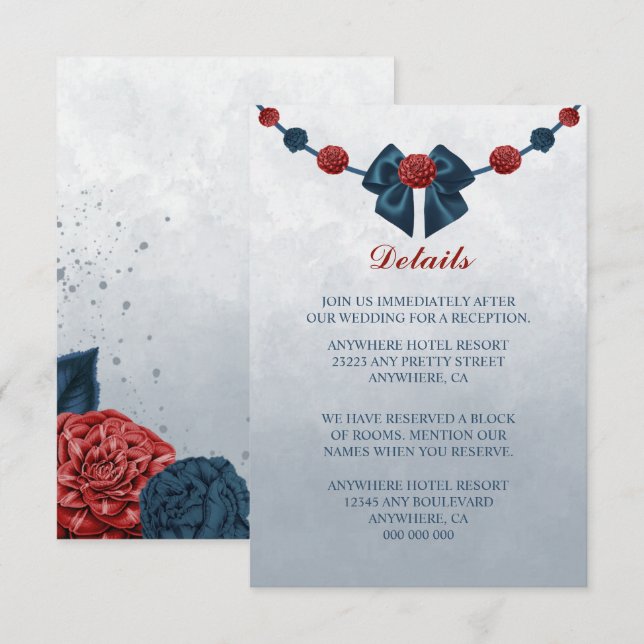 Blume aus Marine und Bordeaux mit schönen Bugdetai Begleitkarte (Vorne/Hinten)