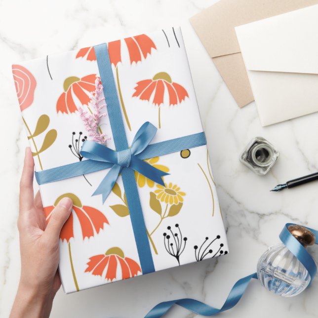 Blume aus orangefarbenem und gelbem Doodle Geschenkpapier (Schenken)