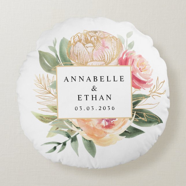 Blume aus Peony und Gold Rundes Kissen (Vorderseite)