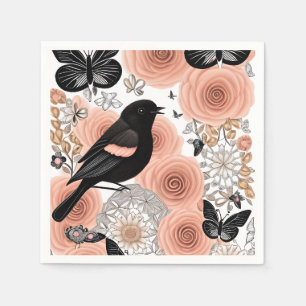 Blume aus Pfirsich und Kohle, Robin und Schmetterl Serviette