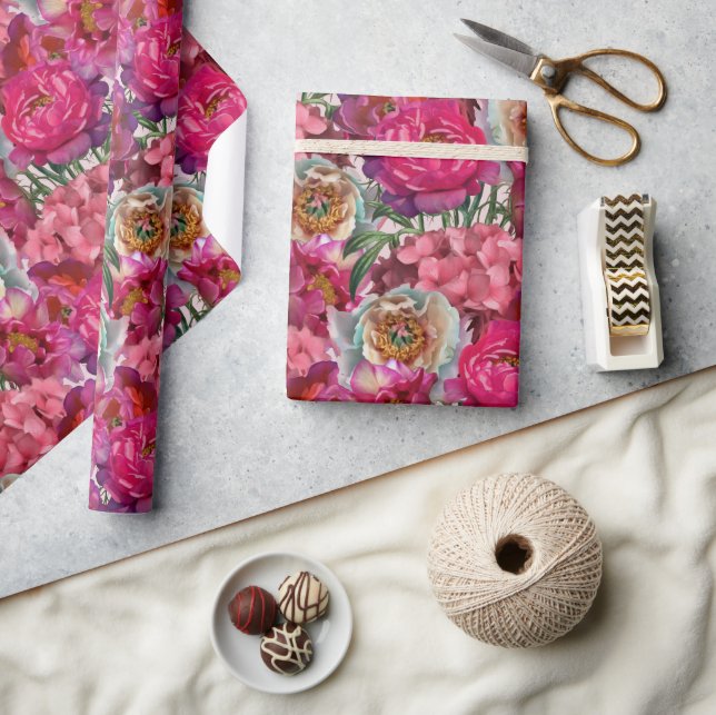 Blume aus Rosa und Weiß, Peony und Hydrangea Geschenkpapier (Kunsthandwerk)