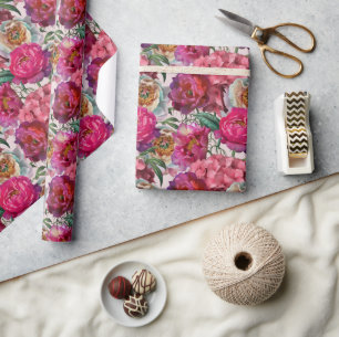 Blume aus Rot-Rosa-Peonys und Hydrangea Geschenkpapier